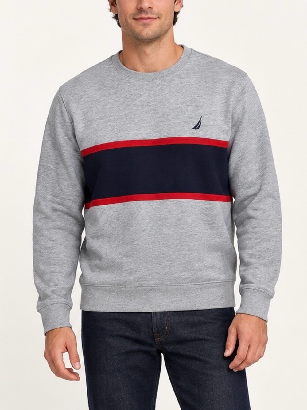 Nautica Men’s Medium Gray Navy Red Colorblock Crewneck Sweatshirt